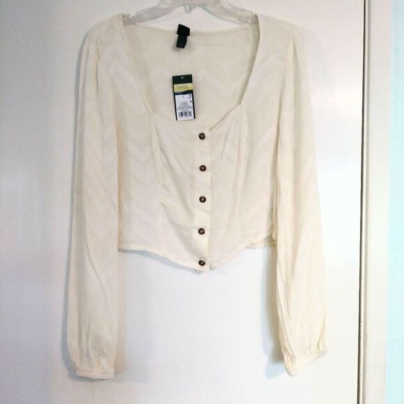 Wild Fable Ivory Chevron Cropped Long Sleeve Shirt Top - Picture 2 of 6